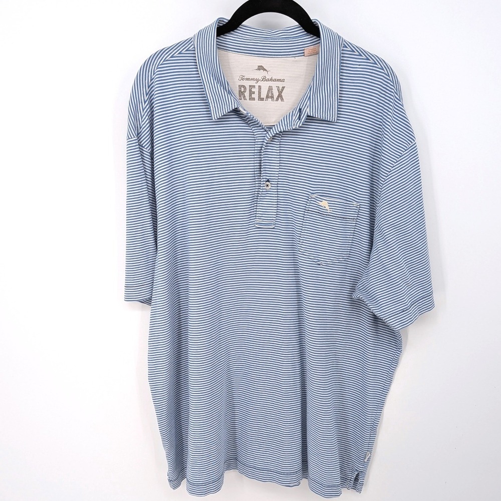 Tommy Bahama Polo Mens XL Blue White Striped Short Sleeve Cotton Pocket Preppy